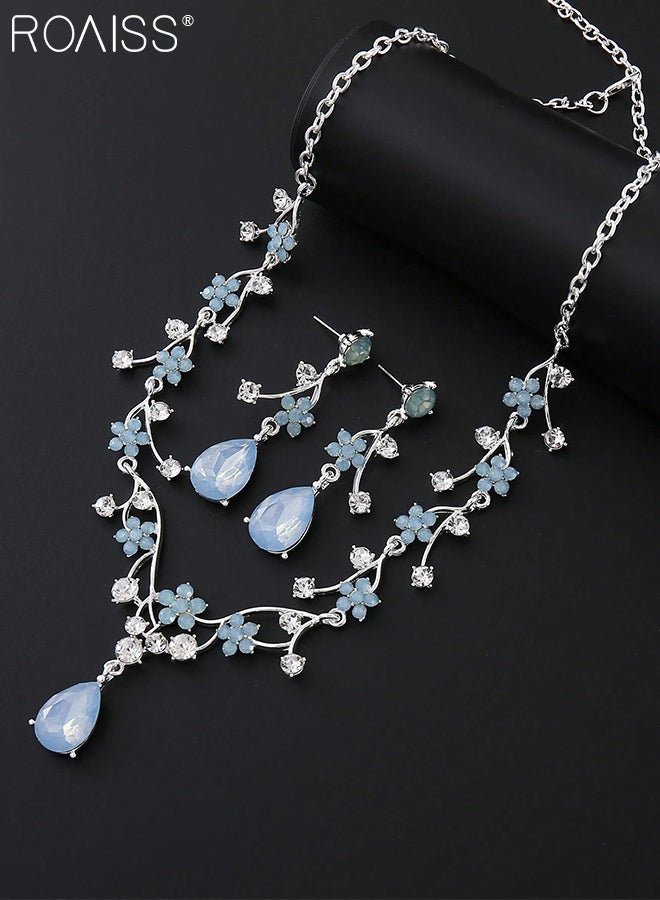 رويس مجموعة من 3 قطع من قلادة وأقراط من أحجار الراين الزرقاء العتيقة للنساء، أقراط لؤلؤ رائعة، قلادة زهرة من حجر الراين، مناسبة لحفلات الزفاف - Image 3