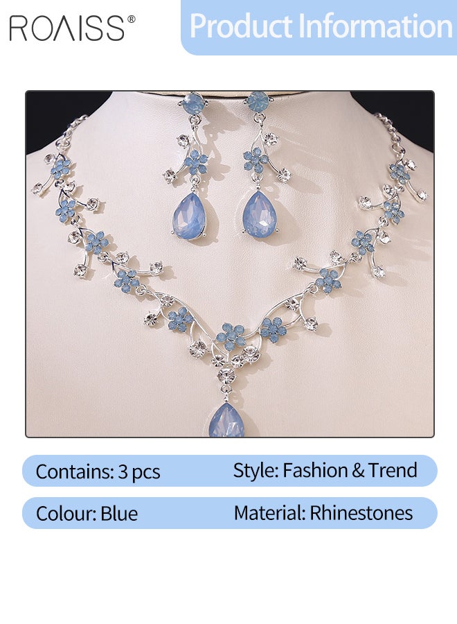 رويس مجموعة من 3 قطع من قلادة وأقراط من أحجار الراين الزرقاء العتيقة للنساء، أقراط لؤلؤ رائعة، قلادة زهرة من حجر الراين، مناسبة لحفلات الزفاف - Image 2