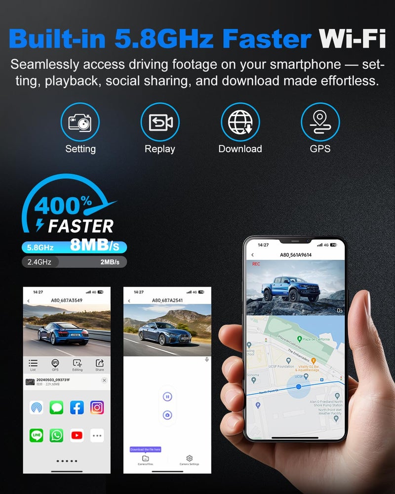JOMISE 4K Dash Cam Front and Rear with 5Ghz WiFi GPS, Dual Dashcam with 64GB Card, 3" Screen, Night Vision, 24H Parking Mode â€“ Reliable Dash Camera for Family Cars, Rideshare Drivers, and Trucks - Image 4