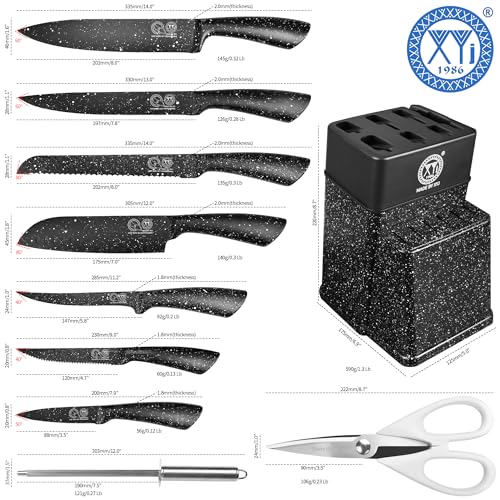 XYJ Authentic Since 1986,Knife Block Set,Kitchen Knives Set with Holder,Professional Japanese Chef Knife Set,Carving Slicing Paring Bread Knife,Steak Knives,Black Color - Image 2