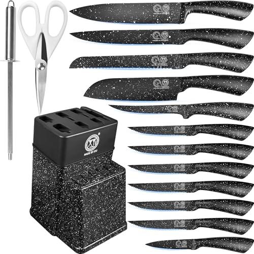 XYJ Authentic Since 1986,Knife Block Set,Kitchen Knives Set with Holder,Professional Japanese Chef Knife Set,Carving Slicing Paring Bread Knife,Steak Knives,Black Color - Image 1