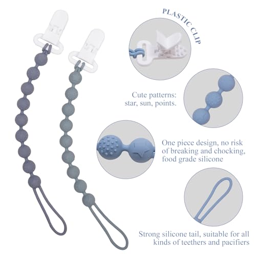 AmazingM 4 Pcs Gray Baby Silicone Teething Pacifier Clip,One-Piece Design,Round Shape,Textured Surface,BPA Free. - Image 2