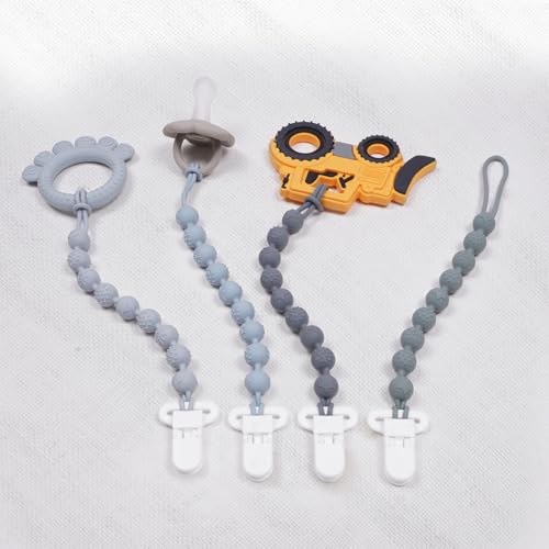 AmazingM 4 Pcs Gray Baby Silicone Teething Pacifier Clip,One-Piece Design,Round Shape,Textured Surface,BPA Free. - Image 5