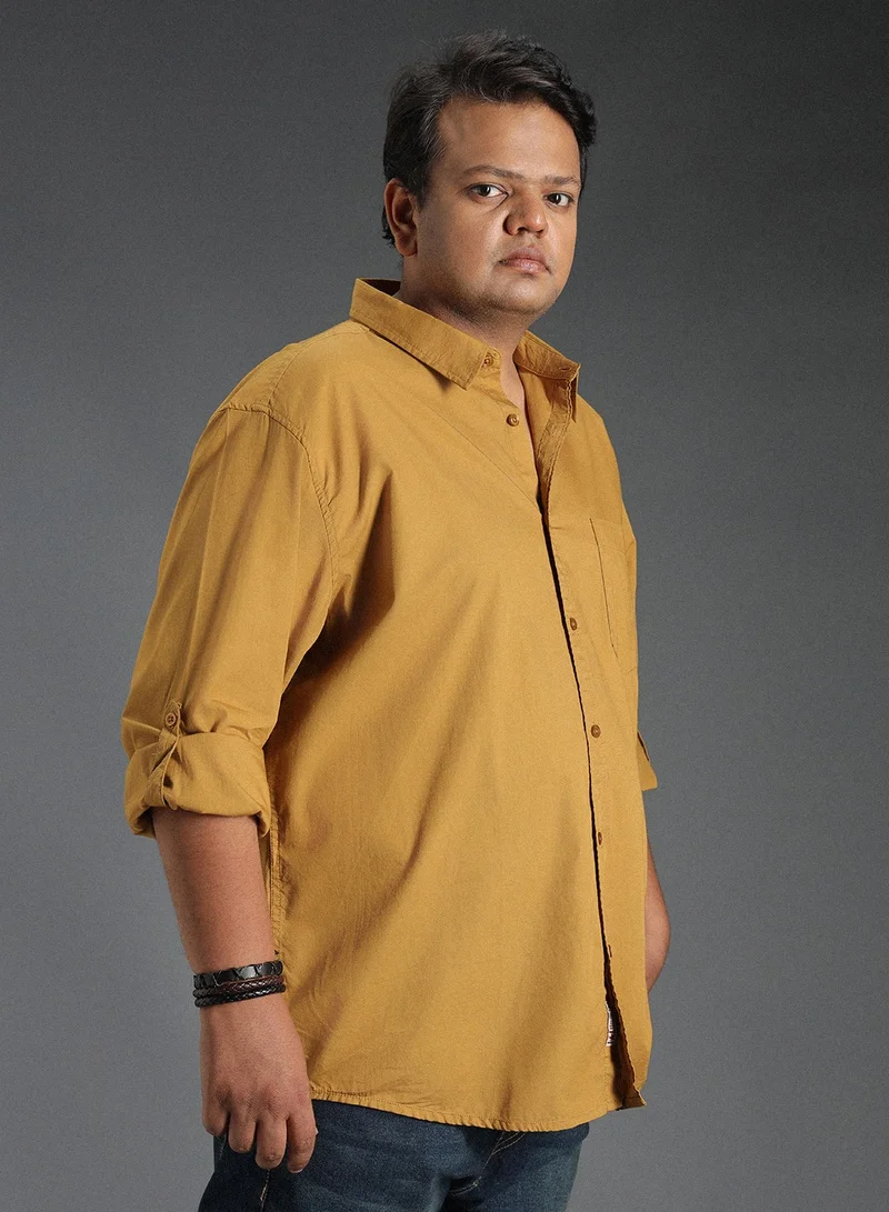 HIGH STAR Khaki Classic Spread Collar Casual Shirt for Men, 100% Cotton