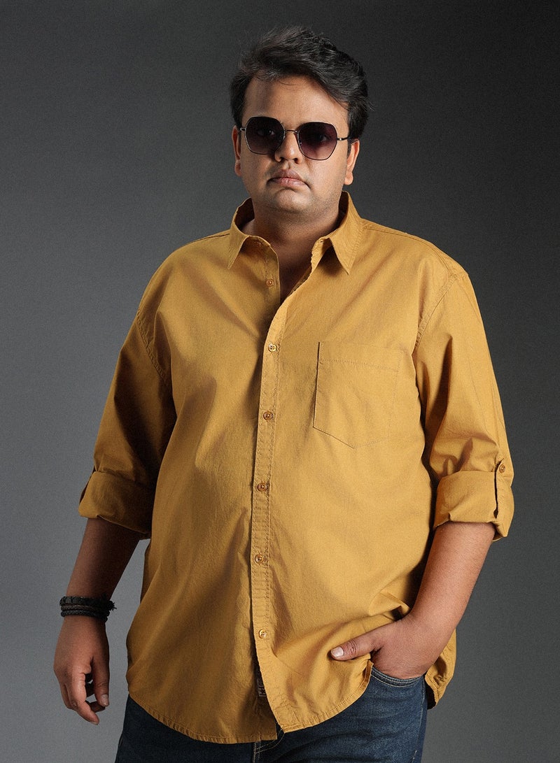 هاي ستار قميص كاجوال كلاسيكي رجالي ياقة عريضة لون كاكي 100% قطن - Image 1