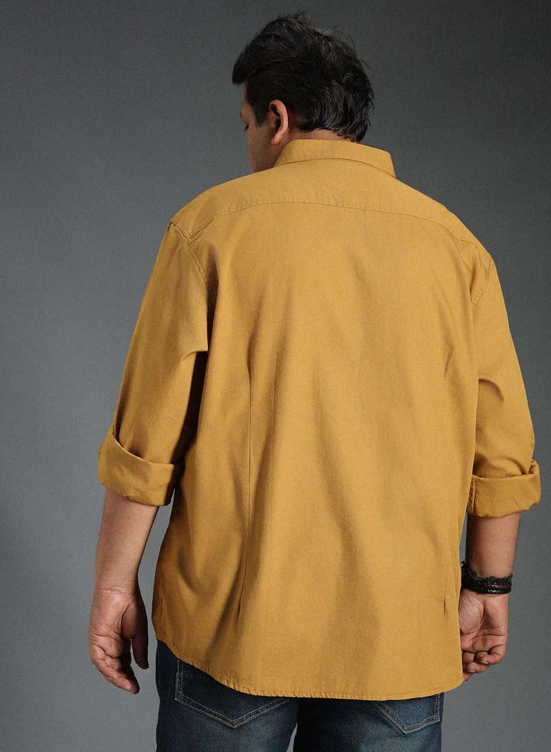 HIGH STAR Khaki Classic Spread Collar Casual Shirt for Men, 100% Cotton