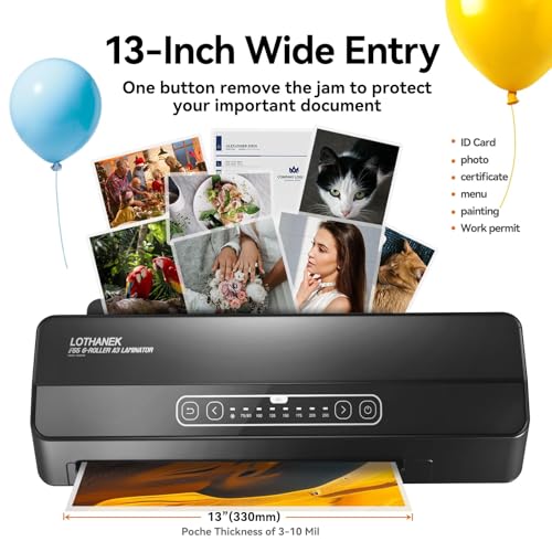LOTHANEK A3 6-Roller Commercial Laminator Machine, LOTHANEK 3-10 Mil 13 inch Heavy Duty Thermal Laminating Machine, 60-Second Warm-up, 40 Inches/Minute, Touch Screen for Home, School Office (Glossy Black) - Image 2
