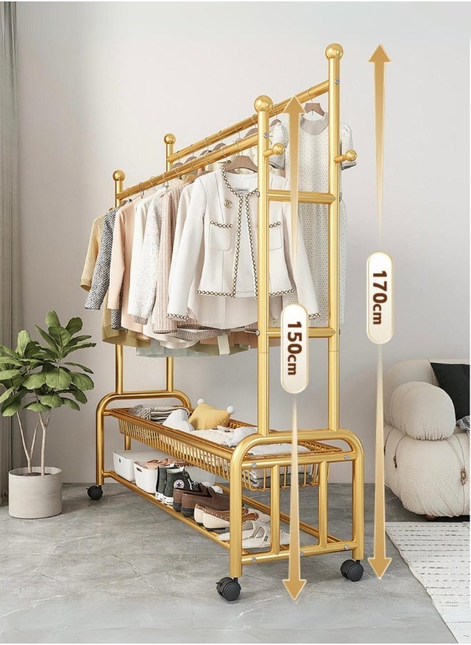 SHEE ONE A 2-in-1 mobile clothes hanger with a luxurious golden design, with bottom shelves and multiple hangers  - Image 4