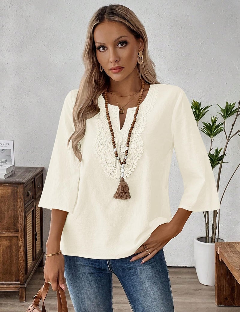 LOMON Womens Spring Tops 3/4 Length Sleeve Womens Tops Dressy Casual V Neck Lace Blouses Loose Fit Cotton Linen Shirts(Apricot,XL) - Image 3