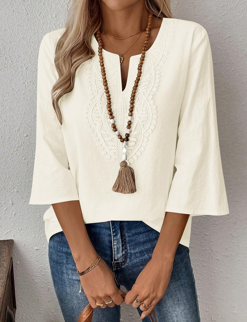 LOMON Womens Spring Tops 3/4 Length Sleeve Womens Tops Dressy Casual V Neck Lace Blouses Loose Fit Cotton Linen Shirts(Apricot,XL) - Image 2