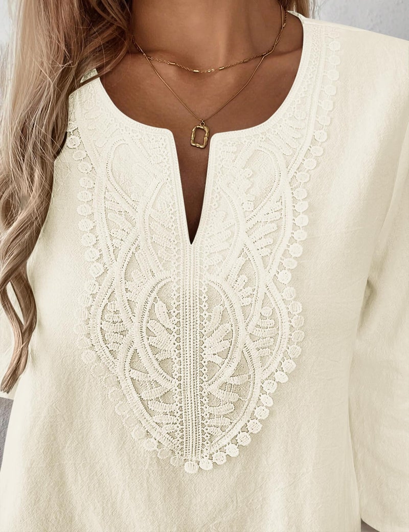 LOMON Womens Spring Tops 3/4 Length Sleeve Womens Tops Dressy Casual V Neck Lace Blouses Loose Fit Cotton Linen Shirts(Apricot,XL) - Image 5