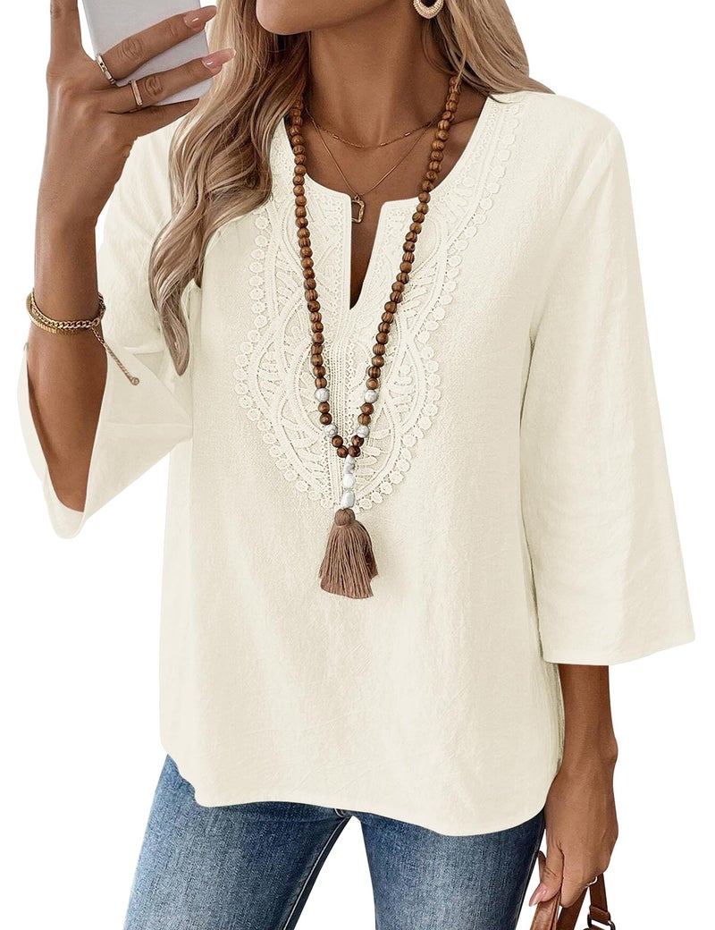 LOMON Womens Spring Tops 3/4 Length Sleeve Womens Tops Dressy Casual V Neck Lace Blouses Loose Fit Cotton Linen Shirts(Apricot,XL) - Image 1