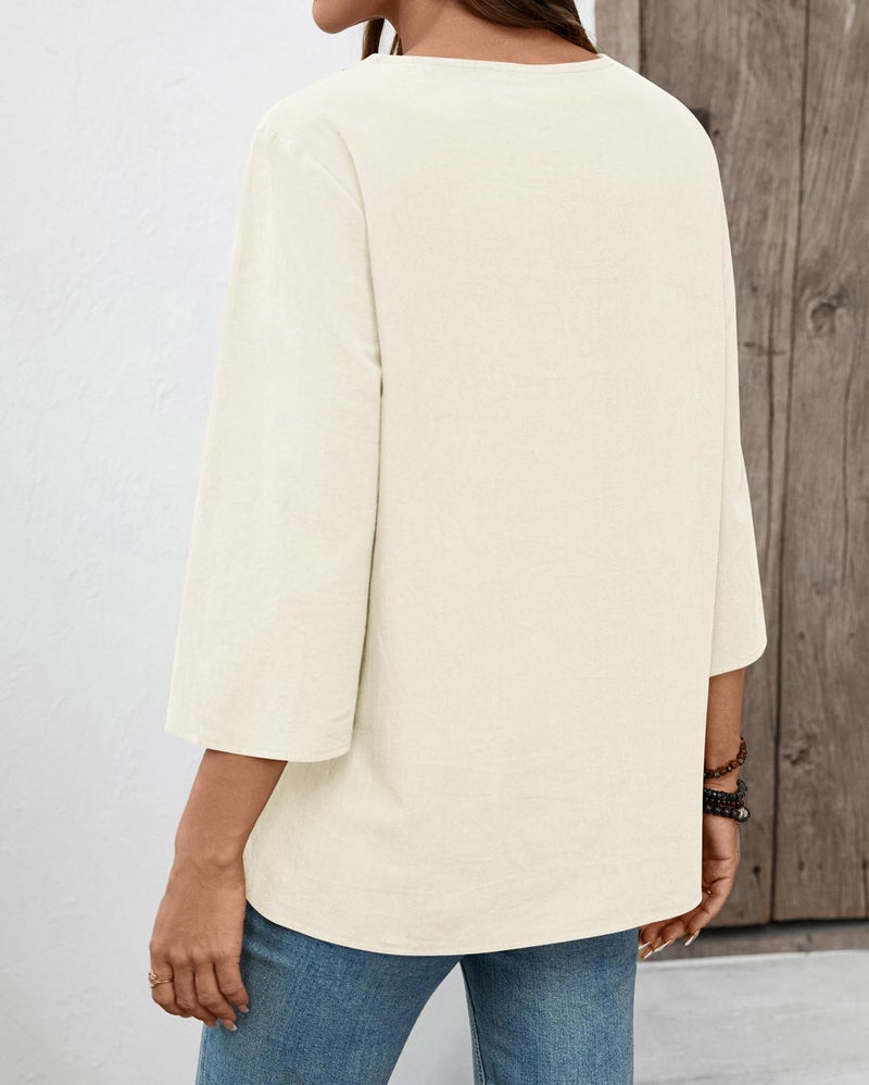 LOMON Womens Spring Tops 3/4 Length Sleeve Womens Tops Dressy Casual V Neck Lace Blouses Loose Fit Cotton Linen Shirts(Apricot,XL) - Image 4
