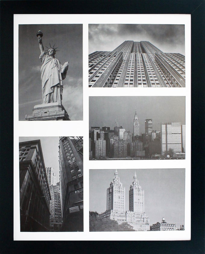 11X14 COLLAGE PICTURE FRAME MAT DISPLAYS FIVE 4X6 INCH PHOTOS BLACK GALLERY WIDE MOLDING INCLUDES BOTH ATTACHED HANGING HARDWARE AND DESKTOP EASEL DISPLAY MULTIPLE 4 X 6 PICTURES OR 11 X 14