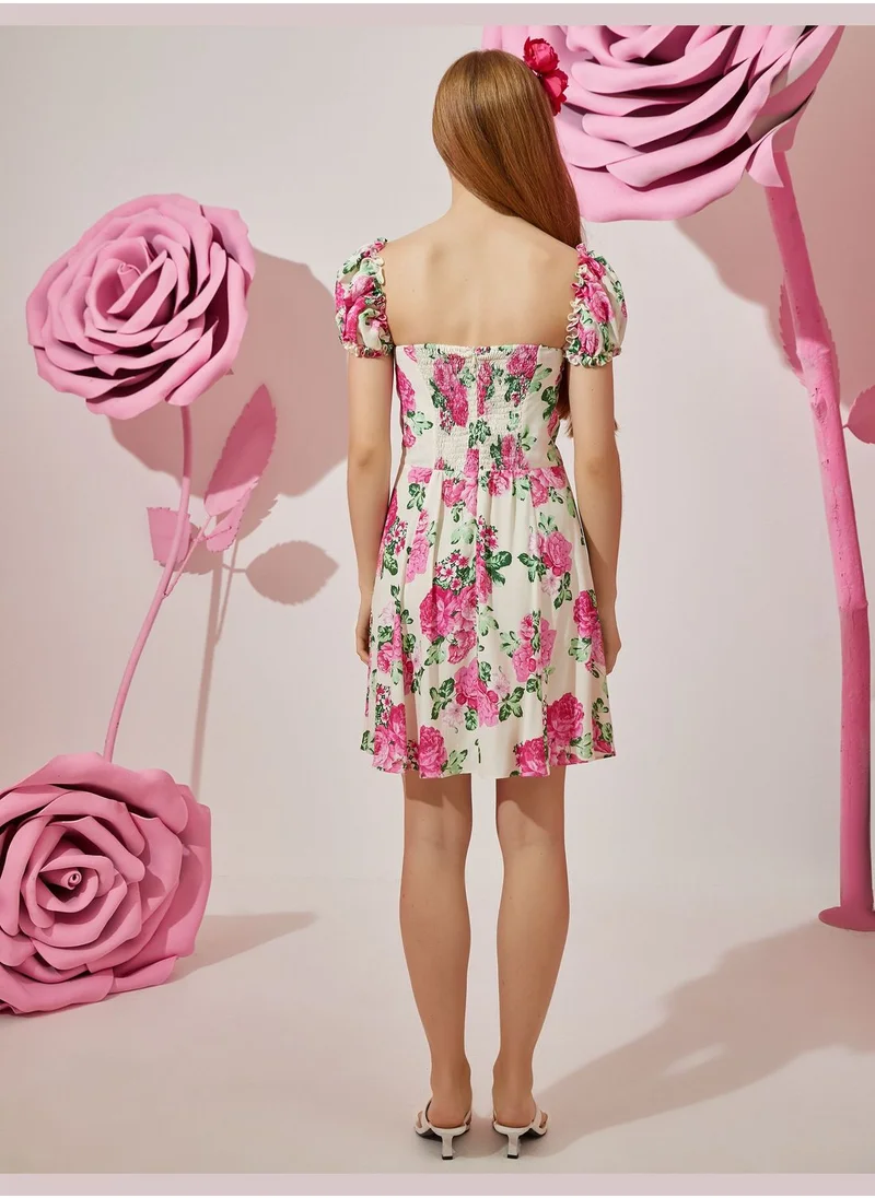 KOTON Heart Neck Puff Sleeve Mini Dress