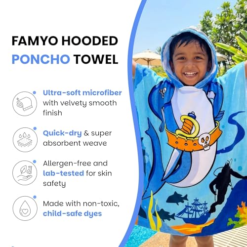 Famyo® Poncho Towel for Kids | Hooded Micro-Fiber Bath Towels | 60 x 60cm Toddler Pool Towel for Boys & Girls, 1-7 Years (Blue Pirate) - Image 2