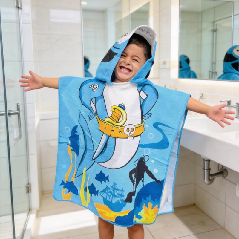 Famyo® Poncho Towel for Kids | Hooded Micro-Fiber Bath Towels | 60 x 60cm Toddler Pool Towel for Boys & Girls, 1-7 Years (Blue Pirate) - Image 1