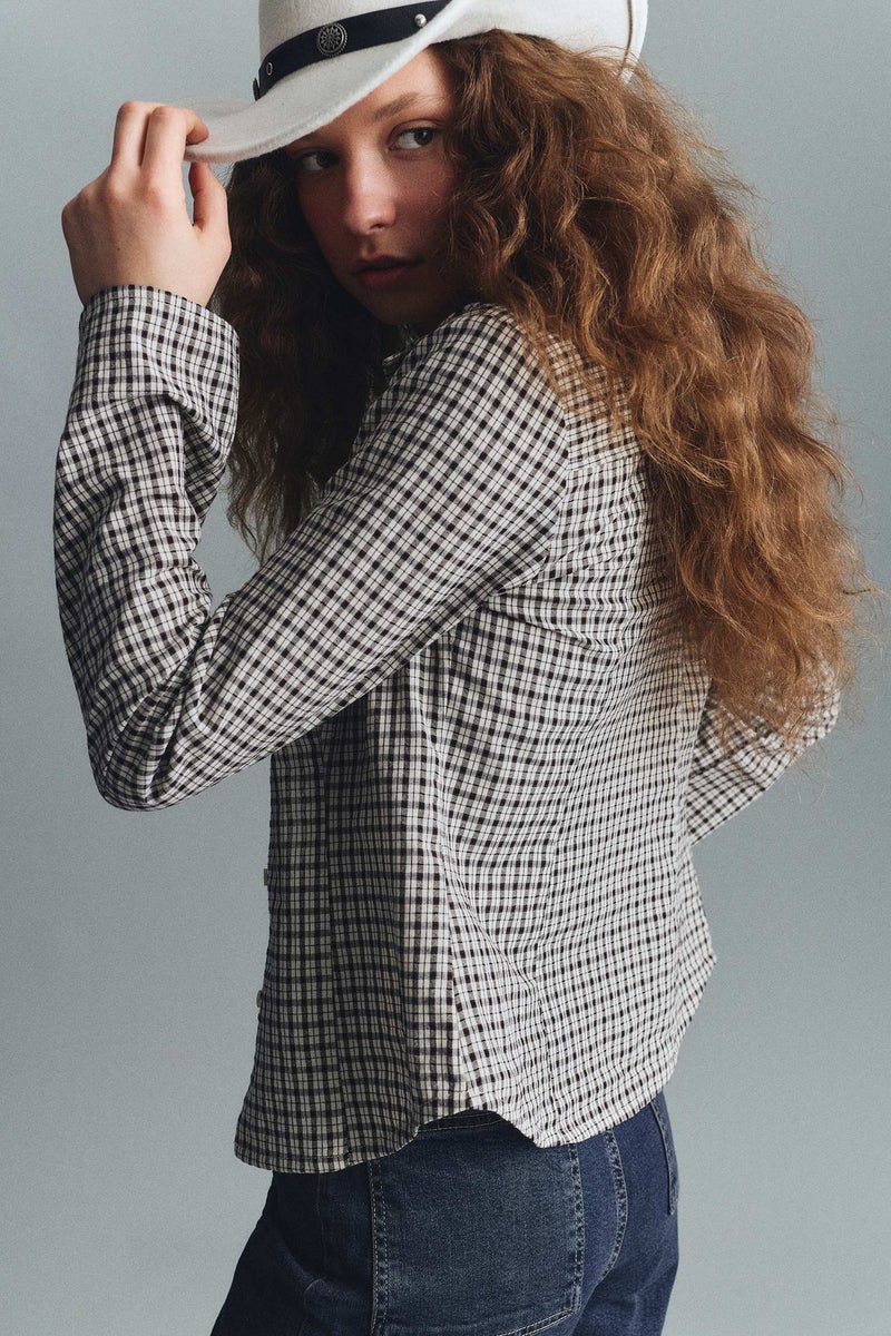 DeFacto Brown Woman Fitted Shirt Collar Checked Long Sleeve Shirt Casual - Image 4