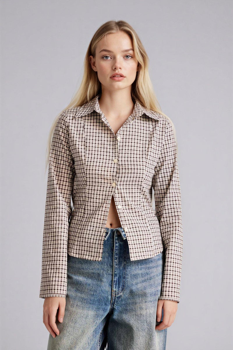 DeFacto Brown Woman Fitted Shirt Collar Checked Long Sleeve Shirt Casual - Image 5