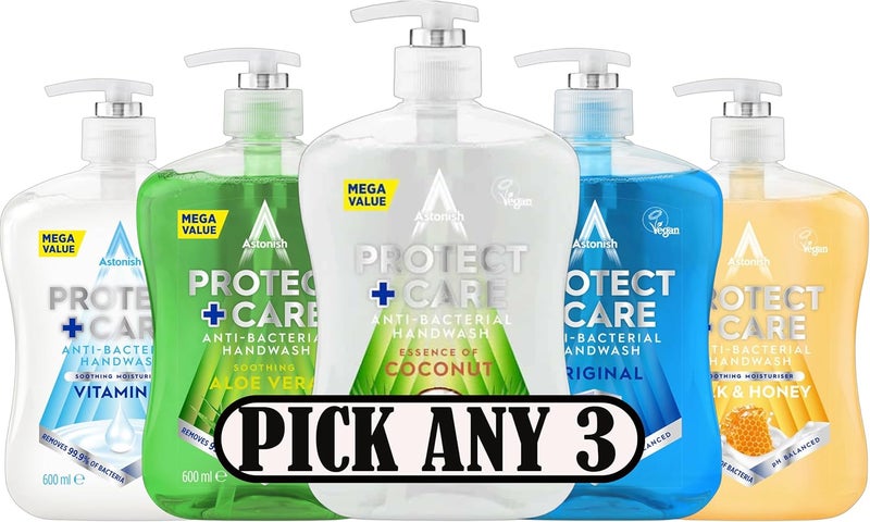 Astonish Protect Care AntiBacterial Handwash 600ml Pick Any 3 Vegan Mega Value Removes 999 of Bacteria Aloe Vera Coconut Original Vitamin E Milk Honey 3 x 600ml