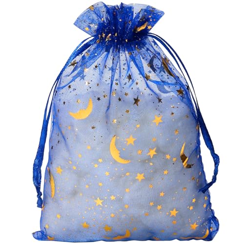 SUNGULF 100Pcs 5x7 Inches Sheer Drawstring Organza Bags Stars and Moon Wedding Party Favor Jewelry Candy Gift Pouches (Blue) - Image 1