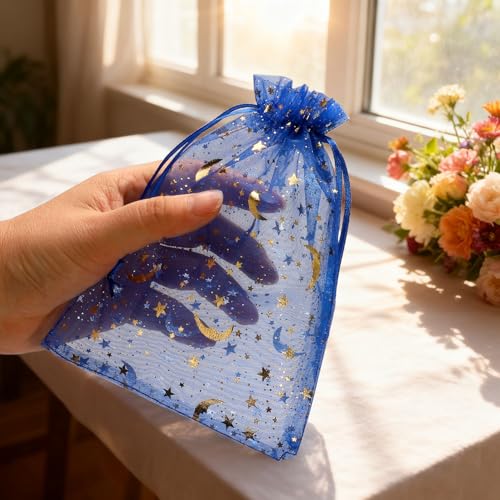 SUNGULF 100Pcs 5x7 Inches Sheer Drawstring Organza Bags Stars and Moon Wedding Party Favor Jewelry Candy Gift Pouches (Blue) - Image 5