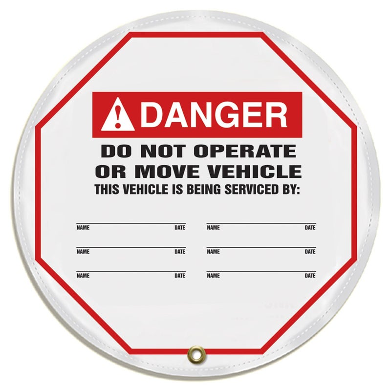 AccuformNMC Steering Wheel Cover for Lockout Tagout, ANSI-Style Legend Danger This Vehicle is Being SERVICED..., Reinforced Vinyl, 20" Diameter, KDD722