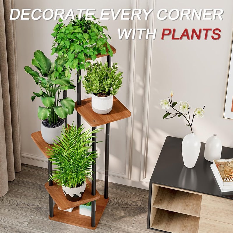 AZERPIAN Plant Stand 5 Tier Indoor Metal Flower Shelf for Multiple Plants Corner Tall Flower Holders for Patio Garden Living Room Balcony Bedroom, Walnut (5 Tier-Walnut) - Image 5