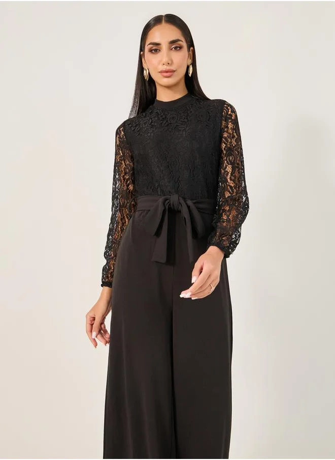 Styli Lace Insert Wide Leg Jumpsuit with Waist Tie-Up Detail