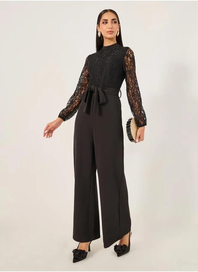 Styli Lace Insert Wide Leg Jumpsuit with Waist Tie-Up Detail