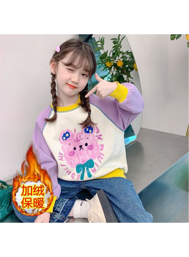 Girls' Pullover Sweatshirt Autumn And Winter Style With Contrasting Raglan Sleeves, Round Neck, Fleece-lined And Thickened Top, Warm Children's Clothing