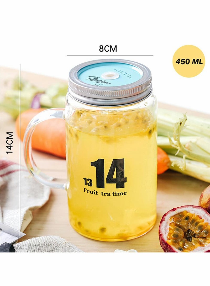 Excefore Glass Mug, Drinking Bottle Jar with Handles, Reusable Glass Water Bottle, Wide Mouth Clear Drinking Glass Bottle with Colored Lids for Juicing, Water, Tea, 16 Oz  - Image 2