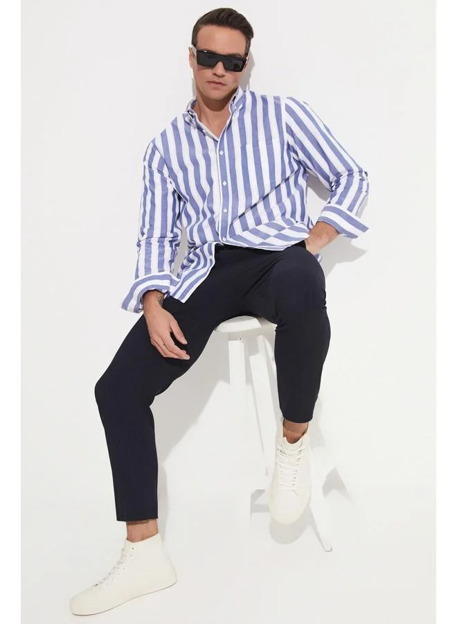 جون June Men Striped Long Sleeve Shirt White - Blue