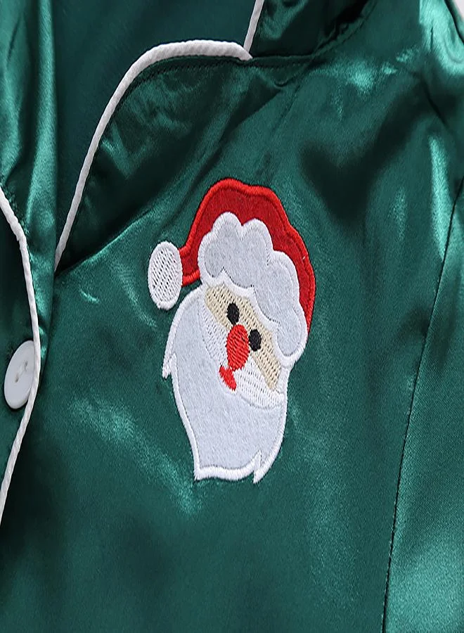 babyqlo Green Satin Pajamas with Santa Embroidery