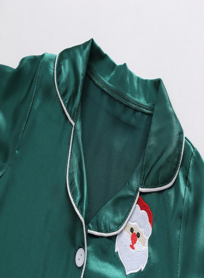 babyqlo Green Satin Pajamas with Santa Embroidery - Image 3
