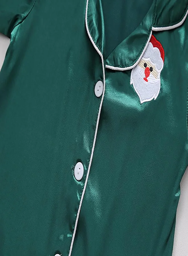 babyqlo Green Satin Pajamas with Santa Embroidery