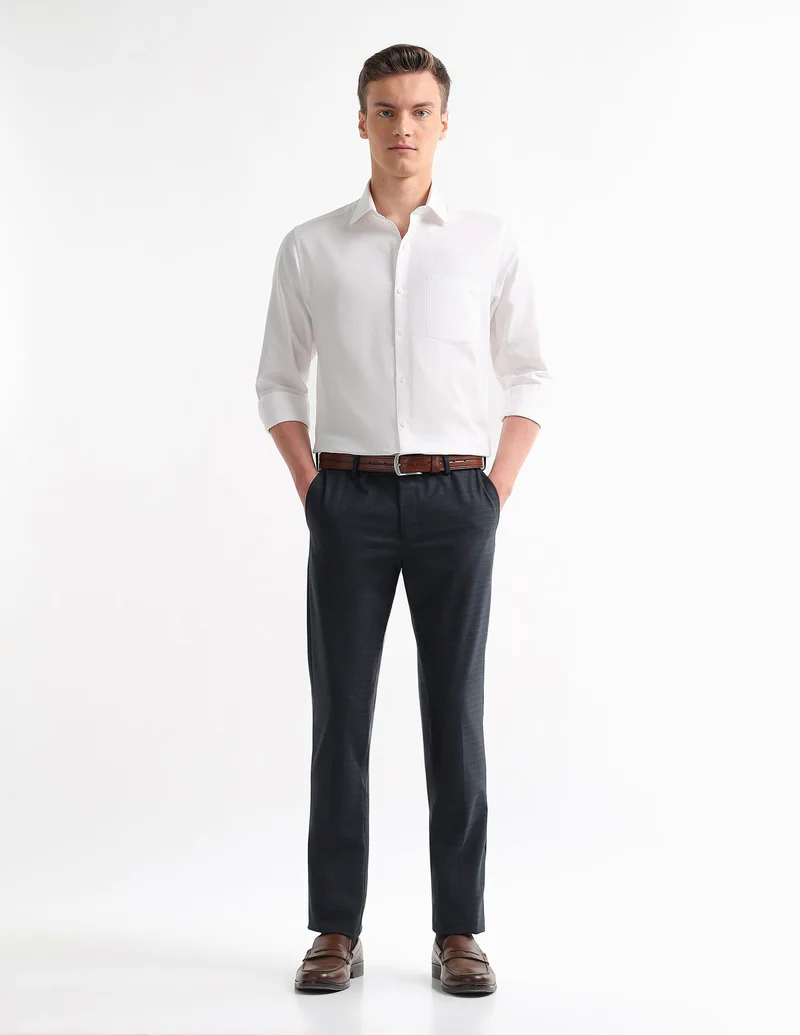 Arrow Navy Self Design Checked Regular Fit Trousers for Men | Best Price UAE