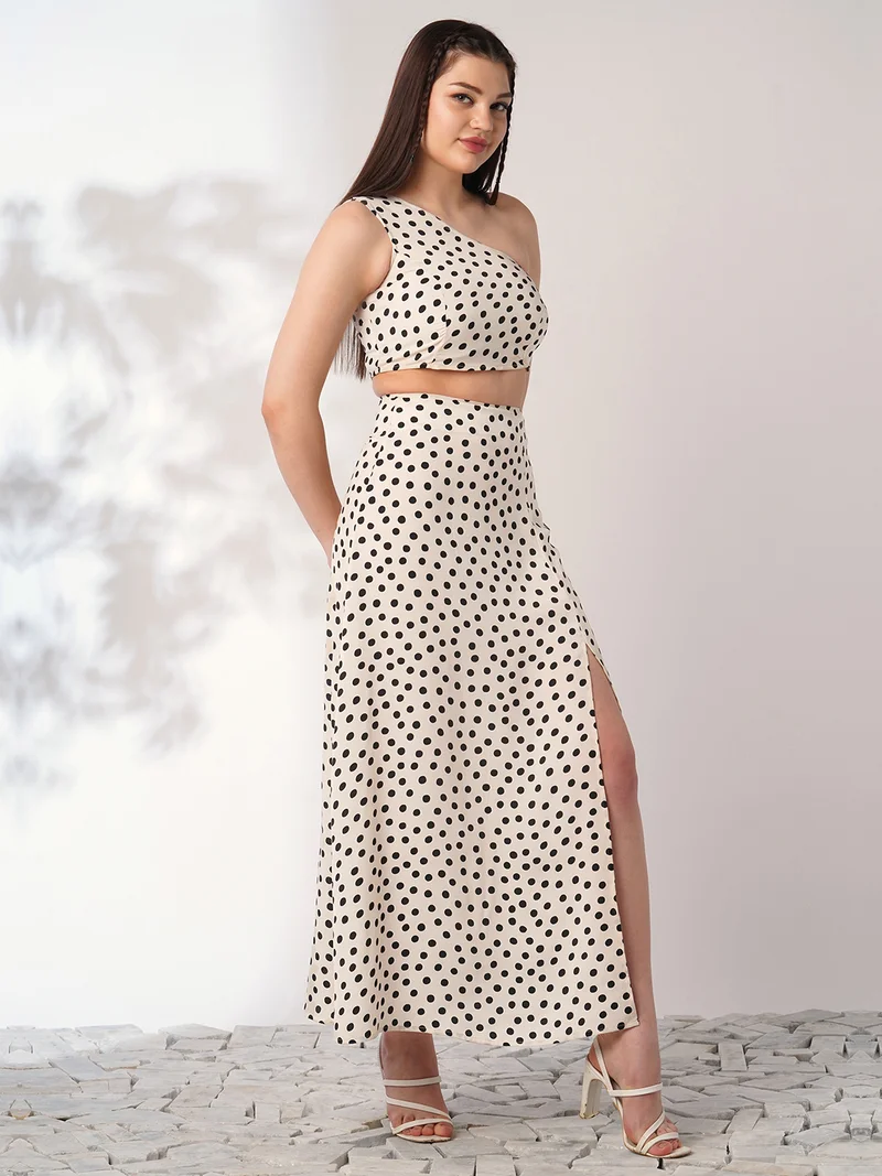 globus Globus Women Multi Color Polka Print One Shoulder Crop Top With Side Slit Maxi Skirt Co-Ord Set