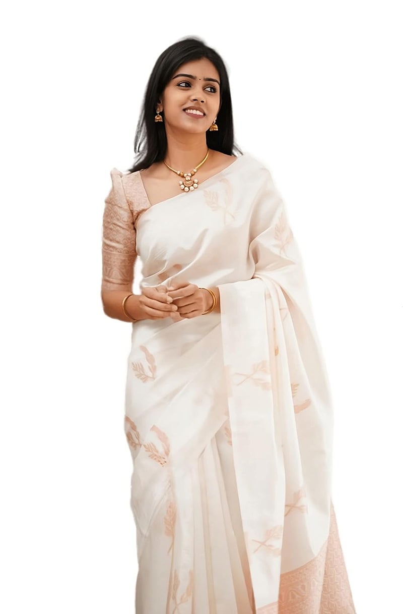 Sidhidata Textile Women's Banarasi Soft Silk Saree with Unstitched Blouse Piece - Elegant White Design - Image 1