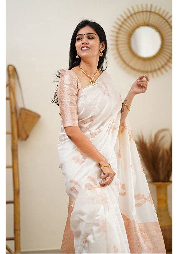 Sidhidata Textile Women's Banarasi Soft Silk Saree with Unstitched Blouse Piece - Elegant White Design - Image 4