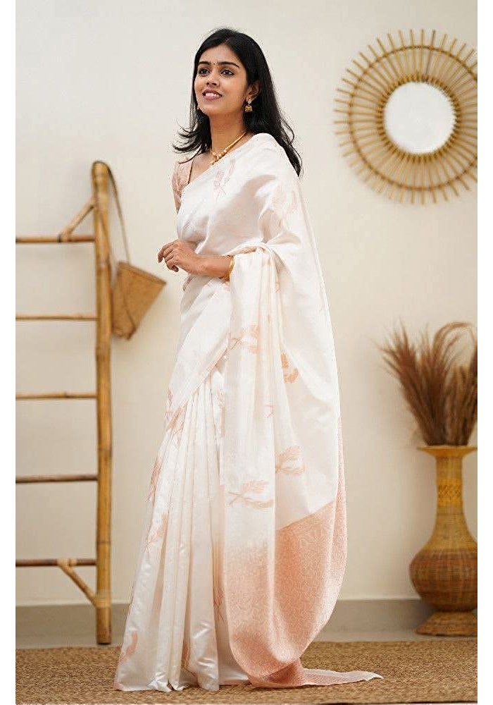 Sidhidata Textile Women's Banarasi Soft Silk Saree with Unstitched Blouse Piece - Elegant White Design - Image 5