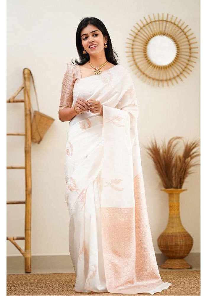 Sidhidata Textile Women's Banarasi Soft Silk Saree with Unstitched Blouse Piece - Elegant White Design - Image 3