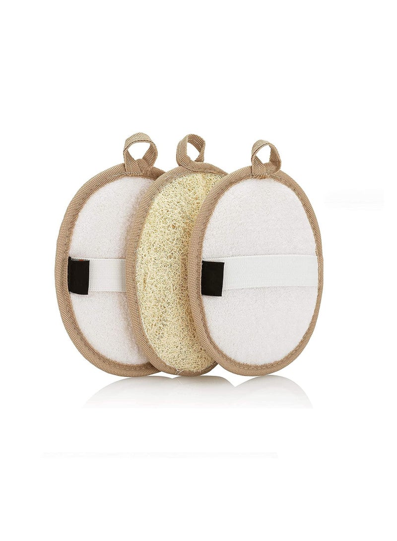 Y&D Natural Loofah Exfoliating Body Scrubber 3-Pack – Shower Sponges for Men and Women Eco-Friendly Oval Bath Exfoliators with Palm Straps, Cotton Backing Pads Linen Carry Bag - Image 1