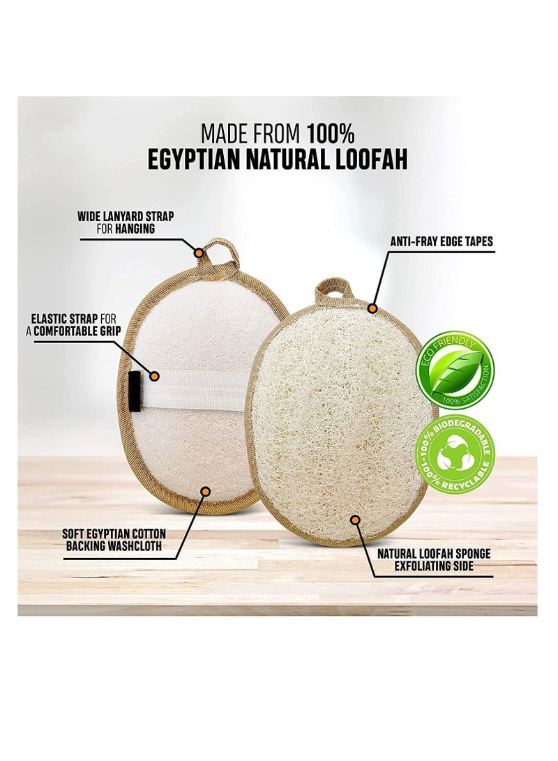 Y&D Natural Loofah Exfoliating Body Scrubber 3-Pack – Shower Sponges for Men and Women Eco-Friendly Oval Bath Exfoliators with Palm Straps, Cotton Backing Pads Linen Carry Bag - Image 4
