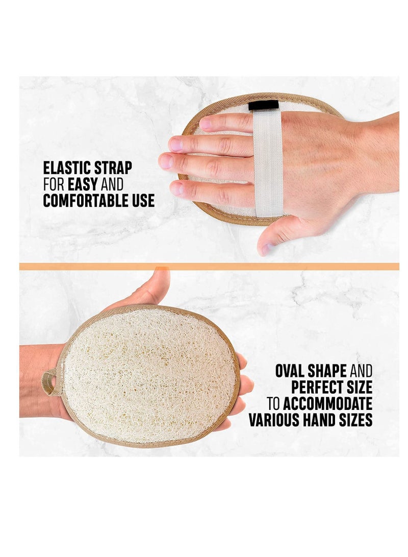 Y&D Natural Loofah Exfoliating Body Scrubber 3-Pack – Shower Sponges for Men and Women Eco-Friendly Oval Bath Exfoliators with Palm Straps, Cotton Backing Pads Linen Carry Bag - Image 5