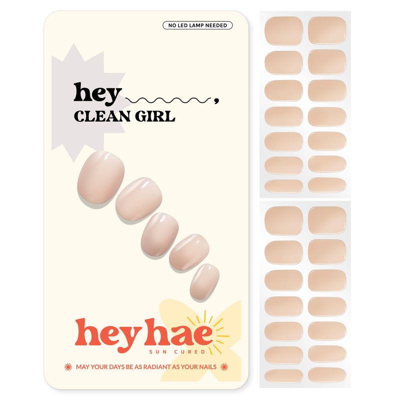Heyhae Semi Cured Gel Nail Strips | Spring Nails No LED Lamp Needed Easy Apply & Remove | Includes 28 Strips, 1 Prep Pad, 1 Nail File & 1 Wooden Stick - Hey, Clean Girl - Image 1