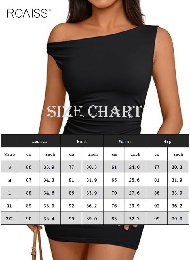 roaiss Off-Shoulder Sleeveless Black Dress for Women Waist Accent with Delicate Pleats Short Dress Bodycon Hip-Hugging Silhouette Glamour - Image 5