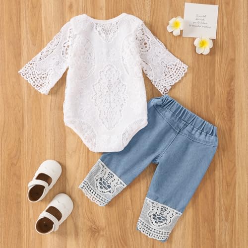 Yvowming Baby Girl Clothes Outfits Toddler Infant Baby Romper Top+Jeans Clothing Set (White, 12-18 Months) - Image 3