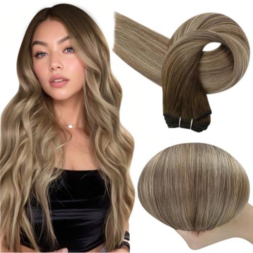 Full Shine Weft Hair Extensions Human Hair 3822 Balayage Sew in Hair Extensions Real Human Hair Ombre Walnut Brown to Light Brown with Butter Blonde Sew in Weft Bundles 18 Inch 105g