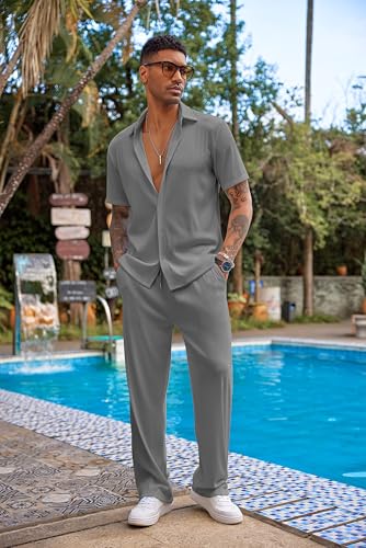 COOFANDY Mens Sets 2 Piece Outfits Fashion Button Up Loose Shirt Elastic Waist Pants Suit - Image 3